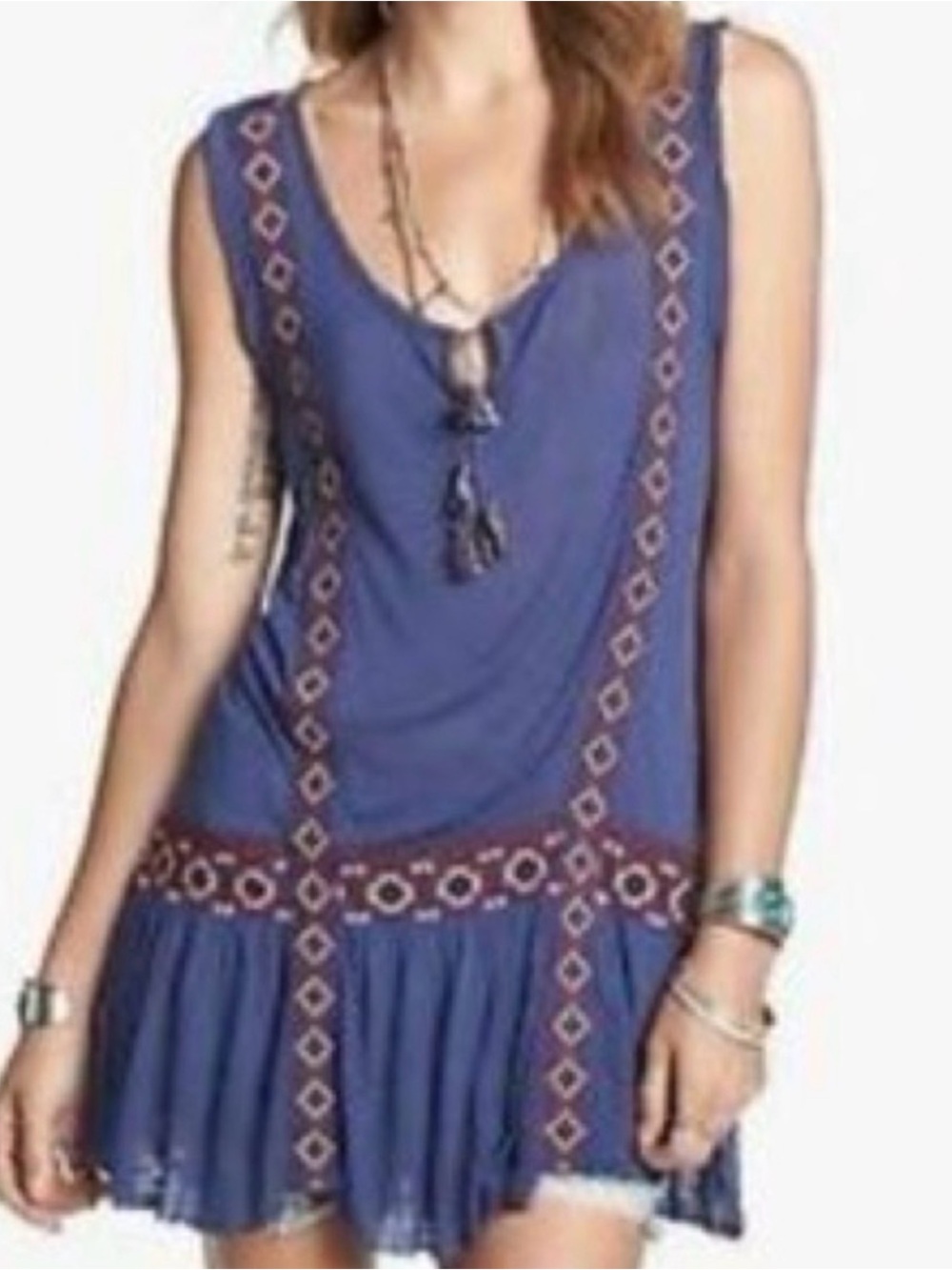 Free People Navy Sleeveless Tunic with Embroidered Band